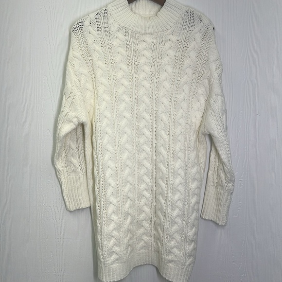Dreamers - Mock Neck Cable Knit Chunky Ivory Sweater Dress Size Small / Medium - Picture 9 of 12